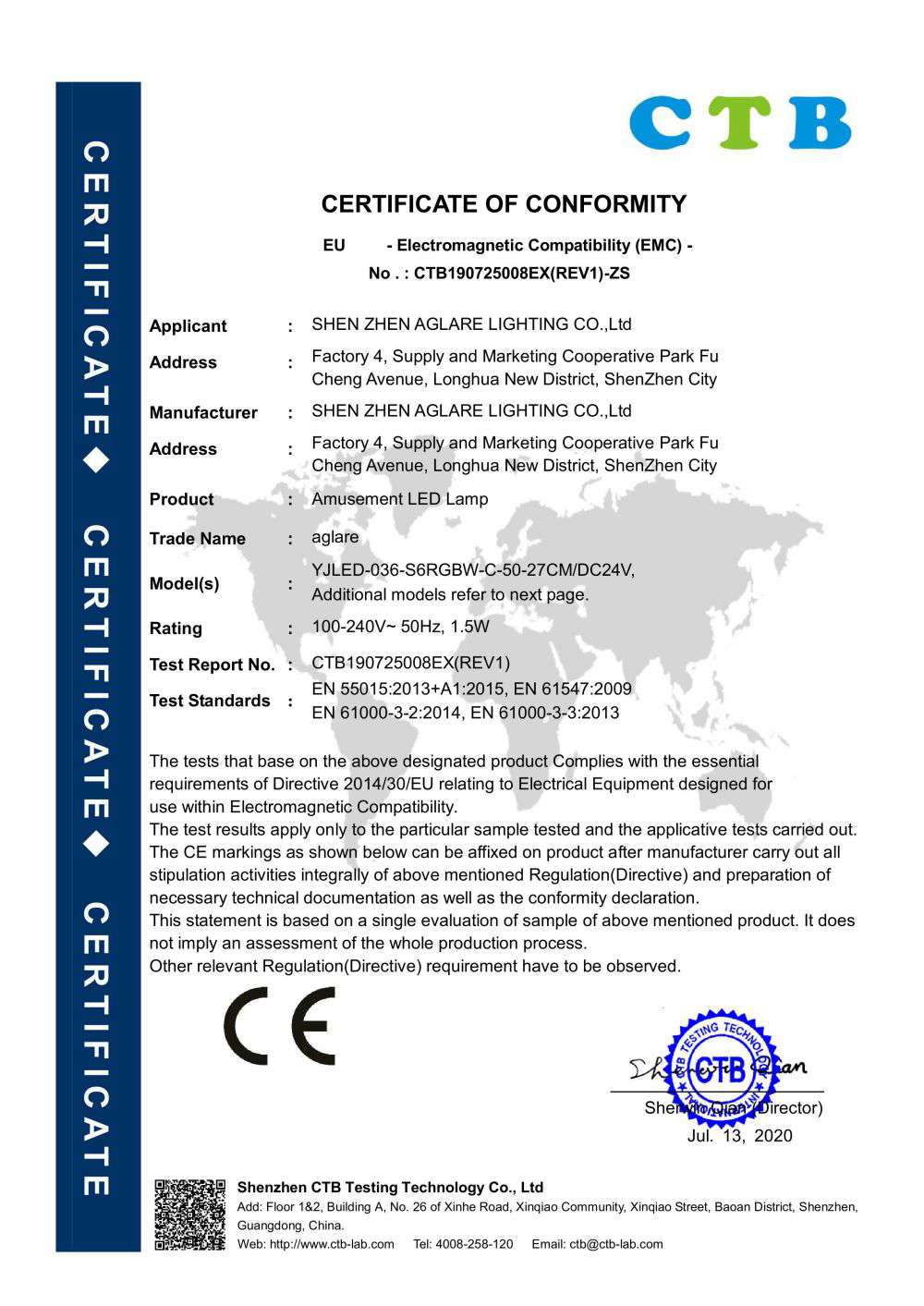 2020 Amusement LED Lamp CE-EMC Certification